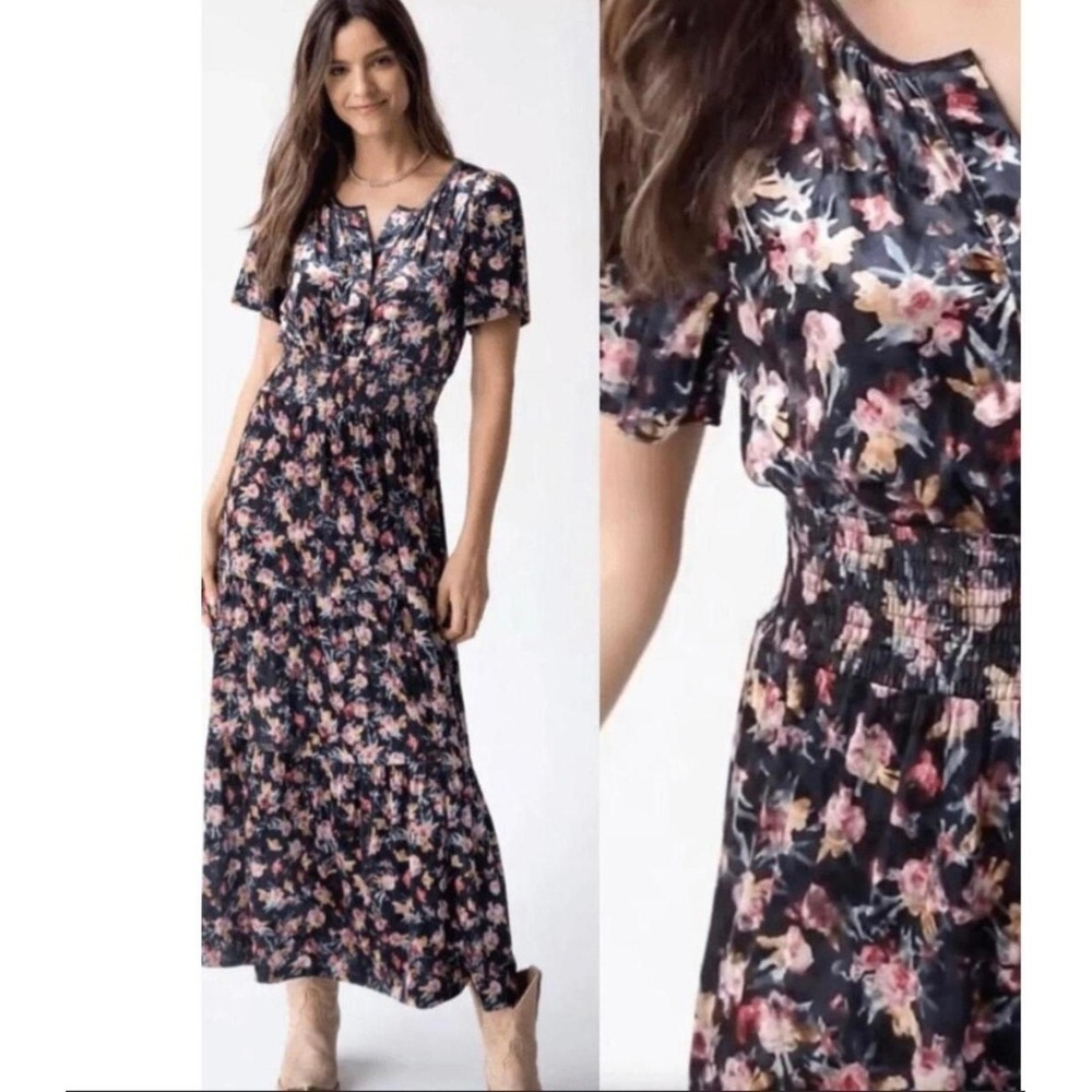 Natural Life Floral Velvet Maxi Dress Black Pink Smocked Waist Short Sleeve S